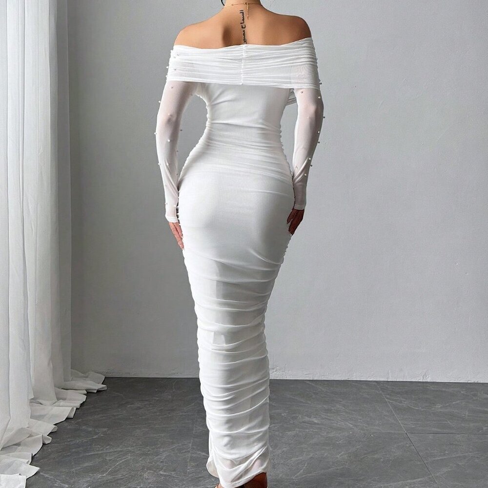 White Elegant Women's Open Shoulder Ruched Maxi Dress with Pearl Decor - Picture 2 of 8